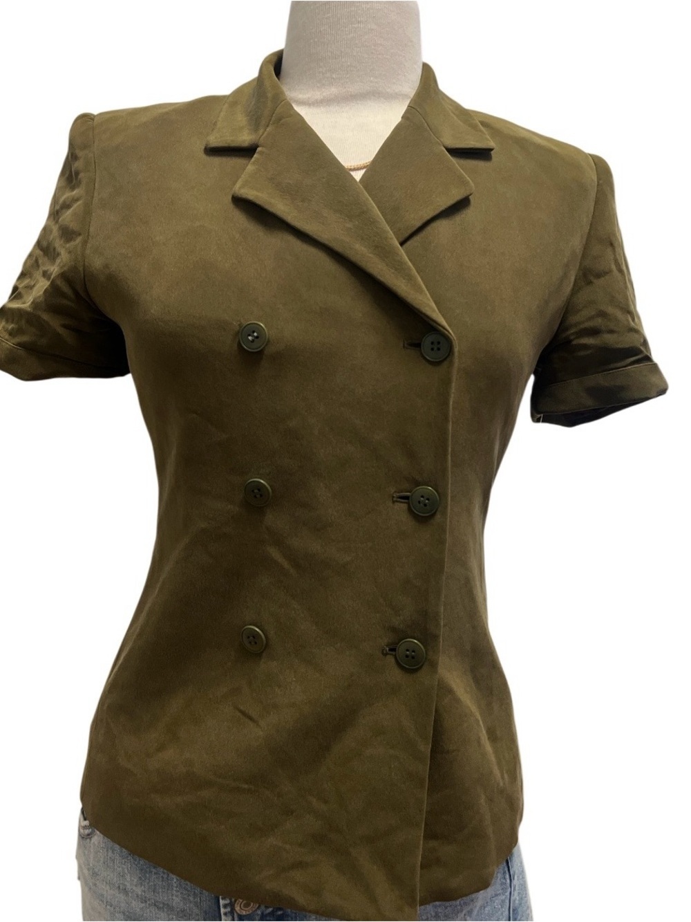 JONES NEW YORK -100% silk Olive Green Double-Breasted Short Sleeve Blazer